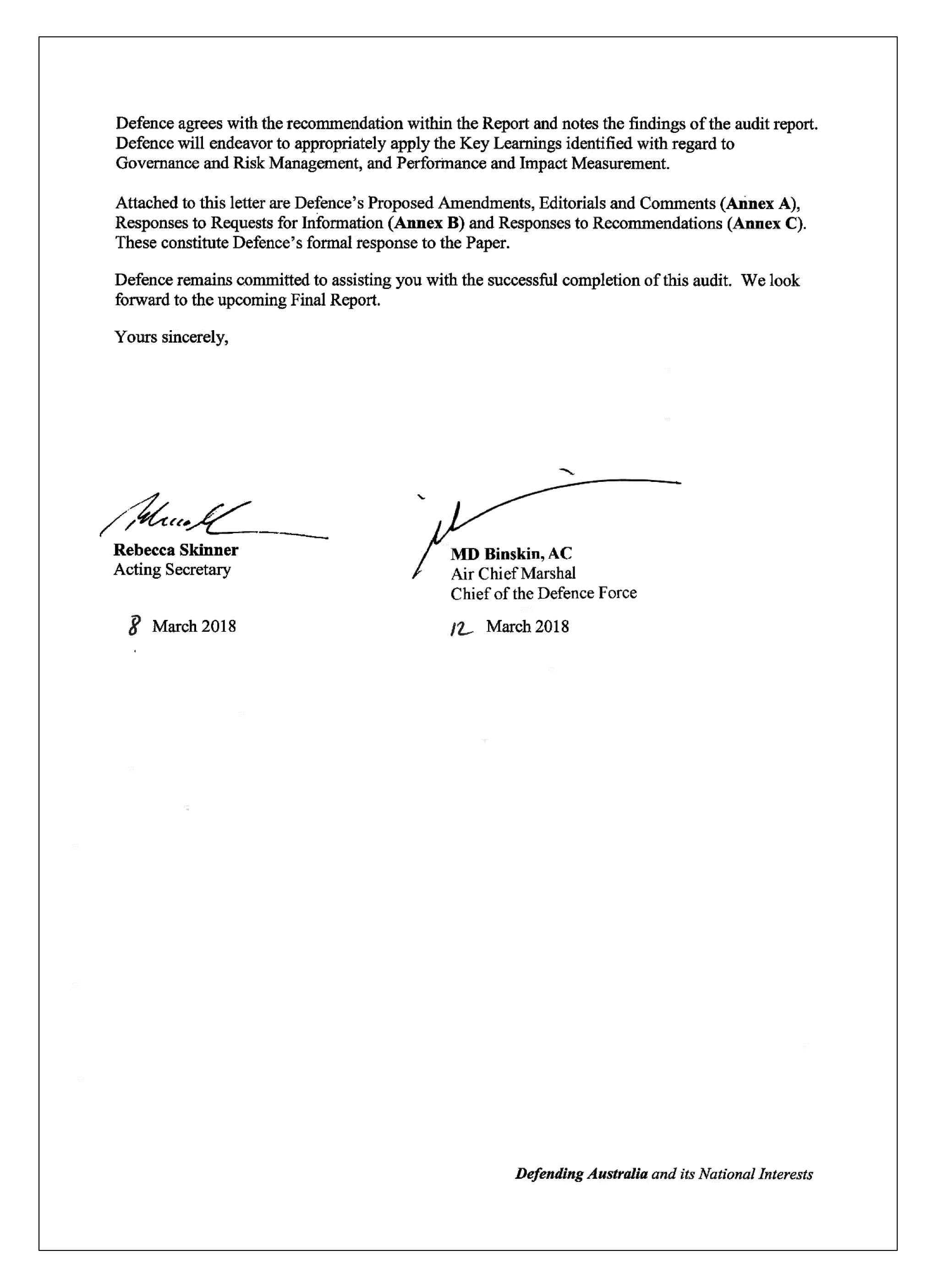 Department of Defence response page 2
