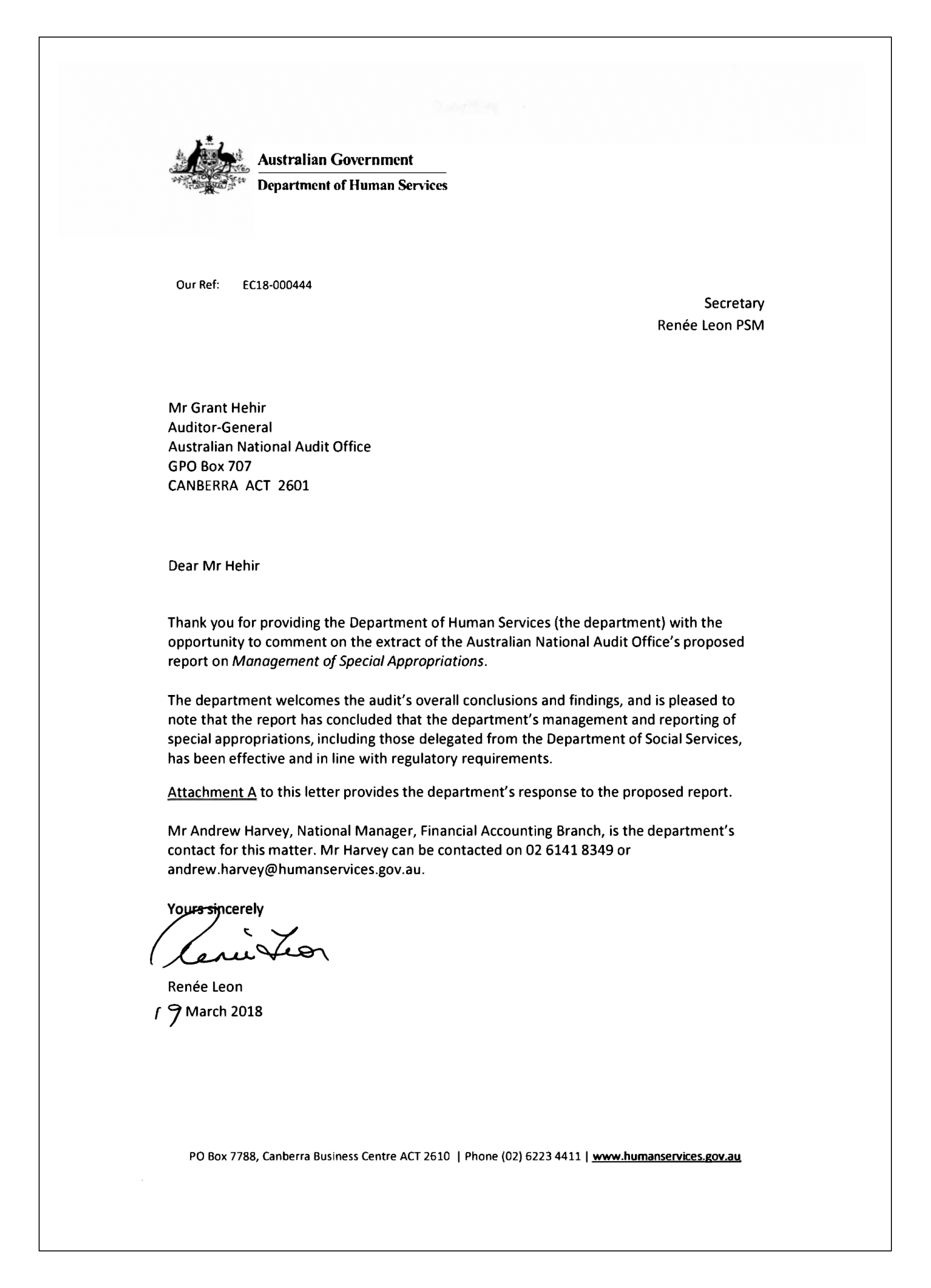 Department of Human Services response page 1 Department of Human Services response page 1