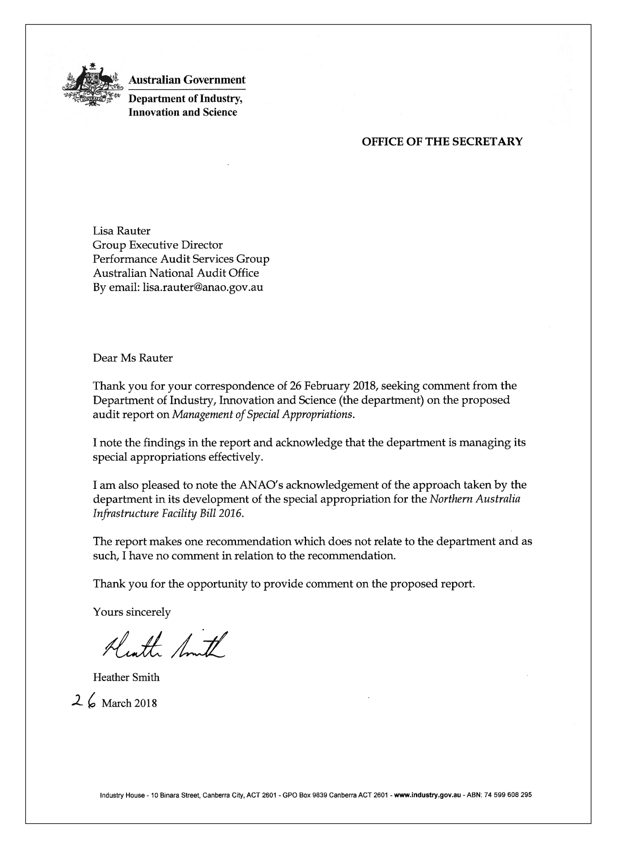 Department of Industry response Department of Industry response