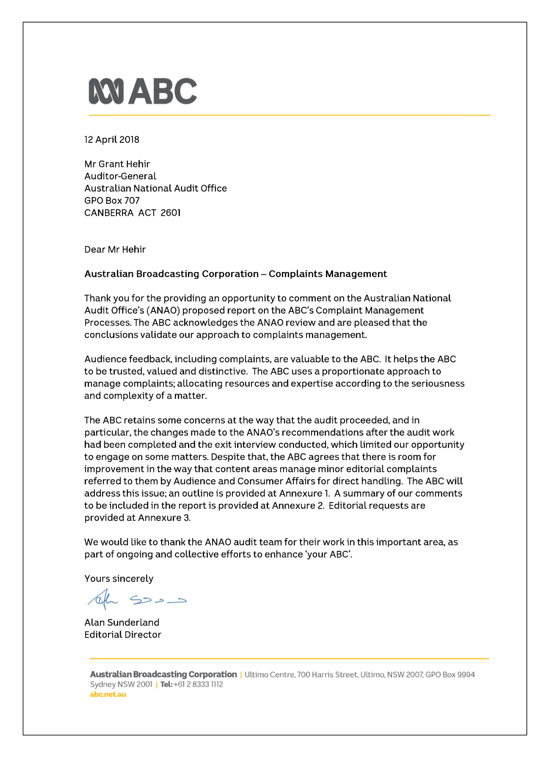 Appendix 1: ABC response
