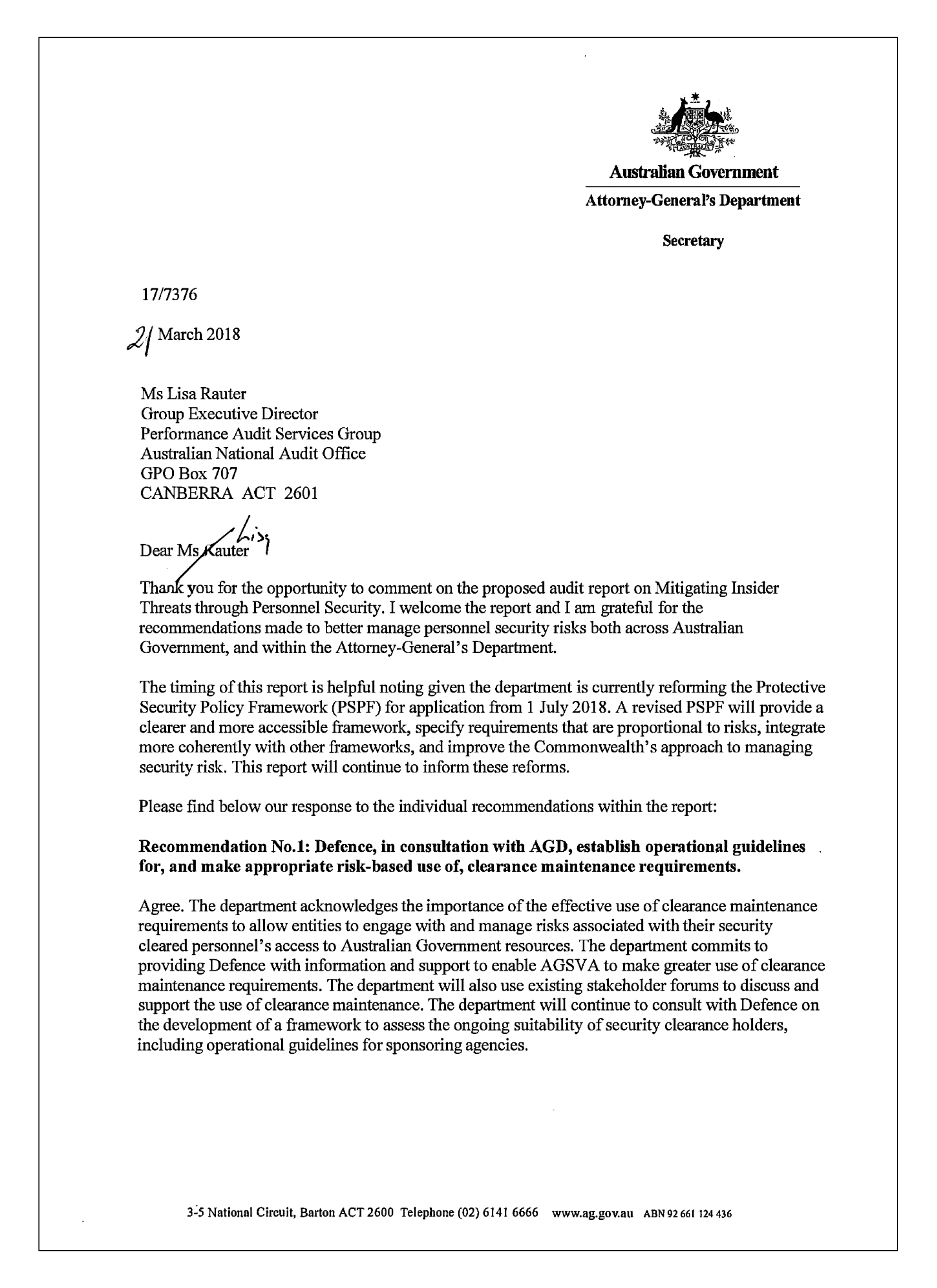 Attorney-General’s Department response page 1