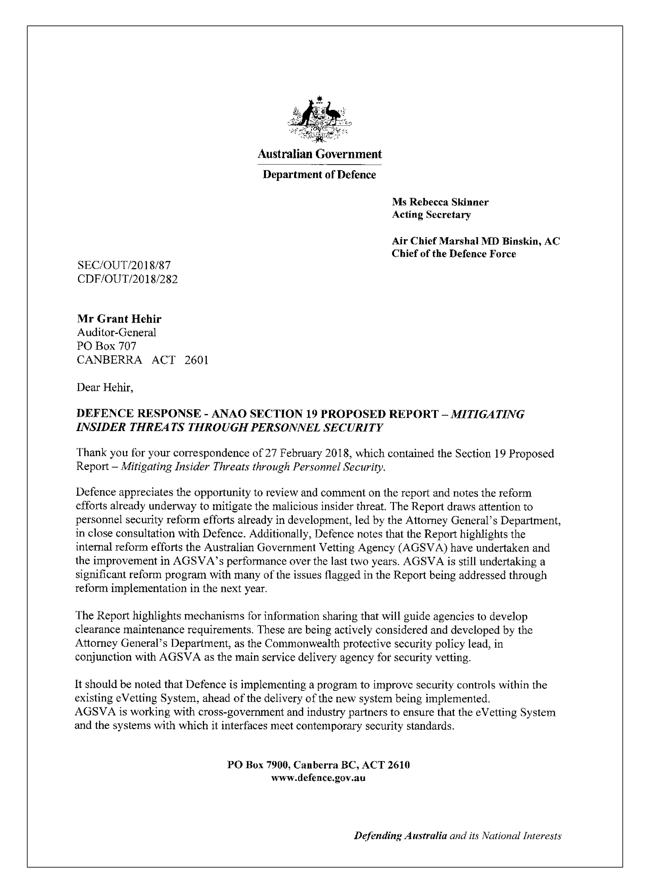 Department of Defence response page 1