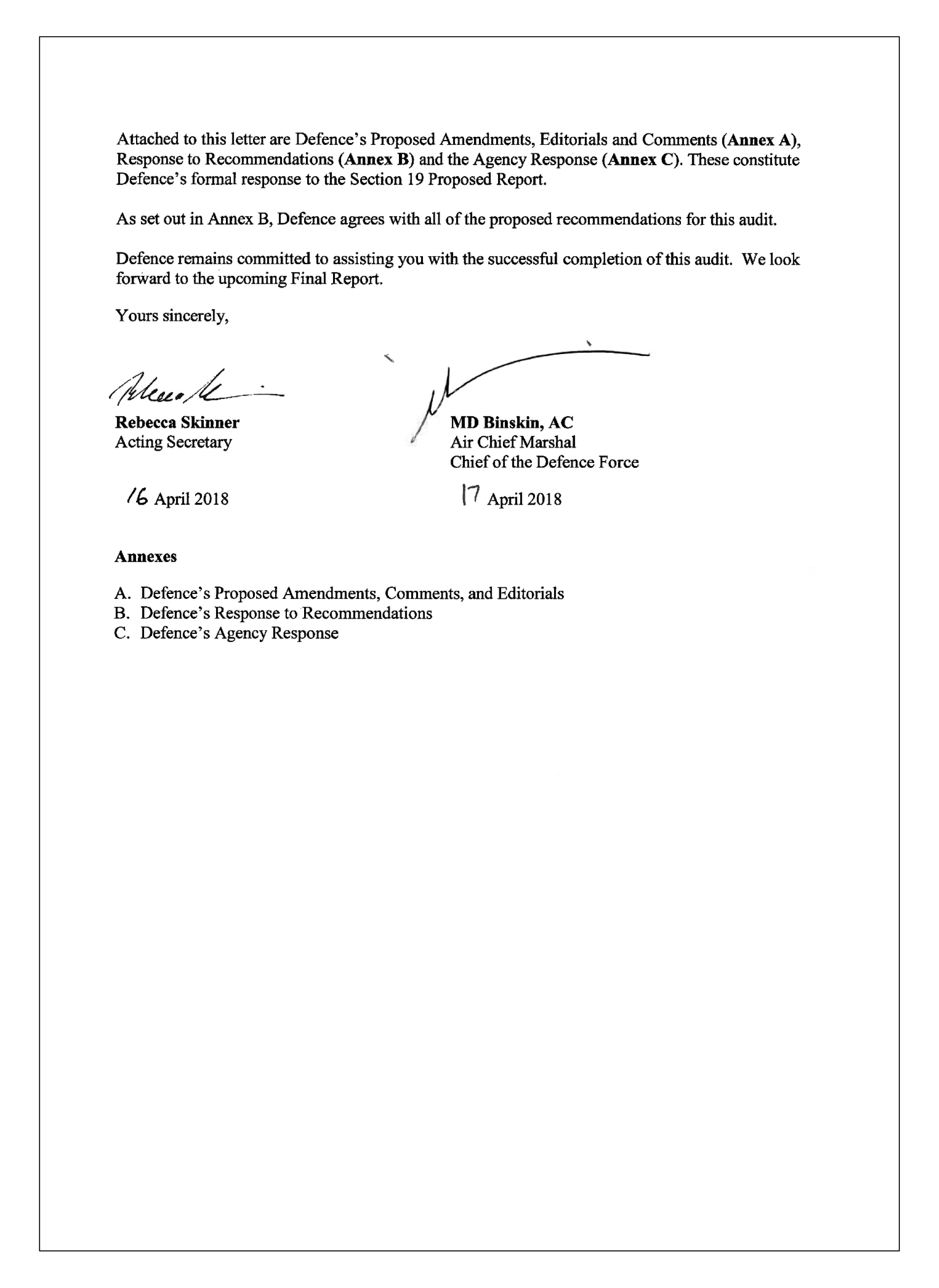 Department of Defence response page 2