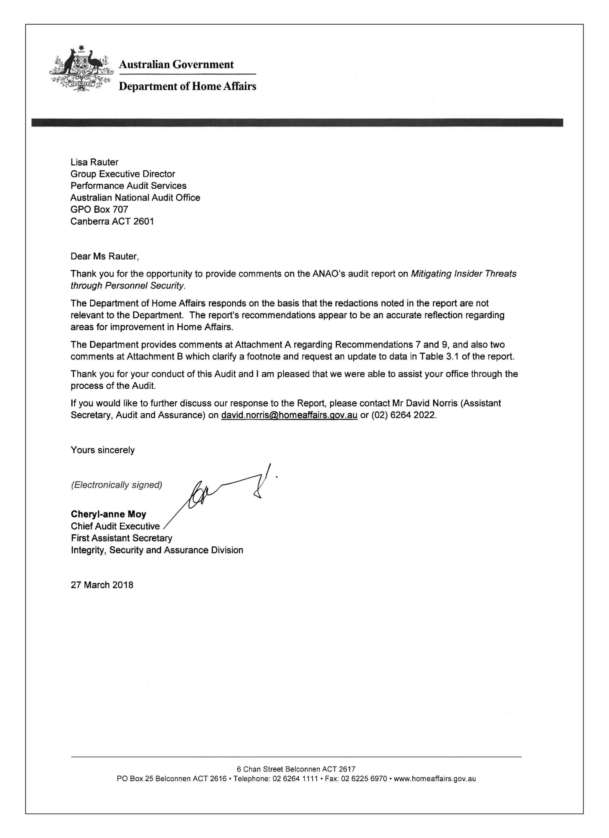Department of Home Affairs response