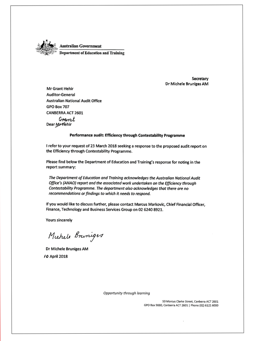 Department of Education and Training response Department of Education and Training response