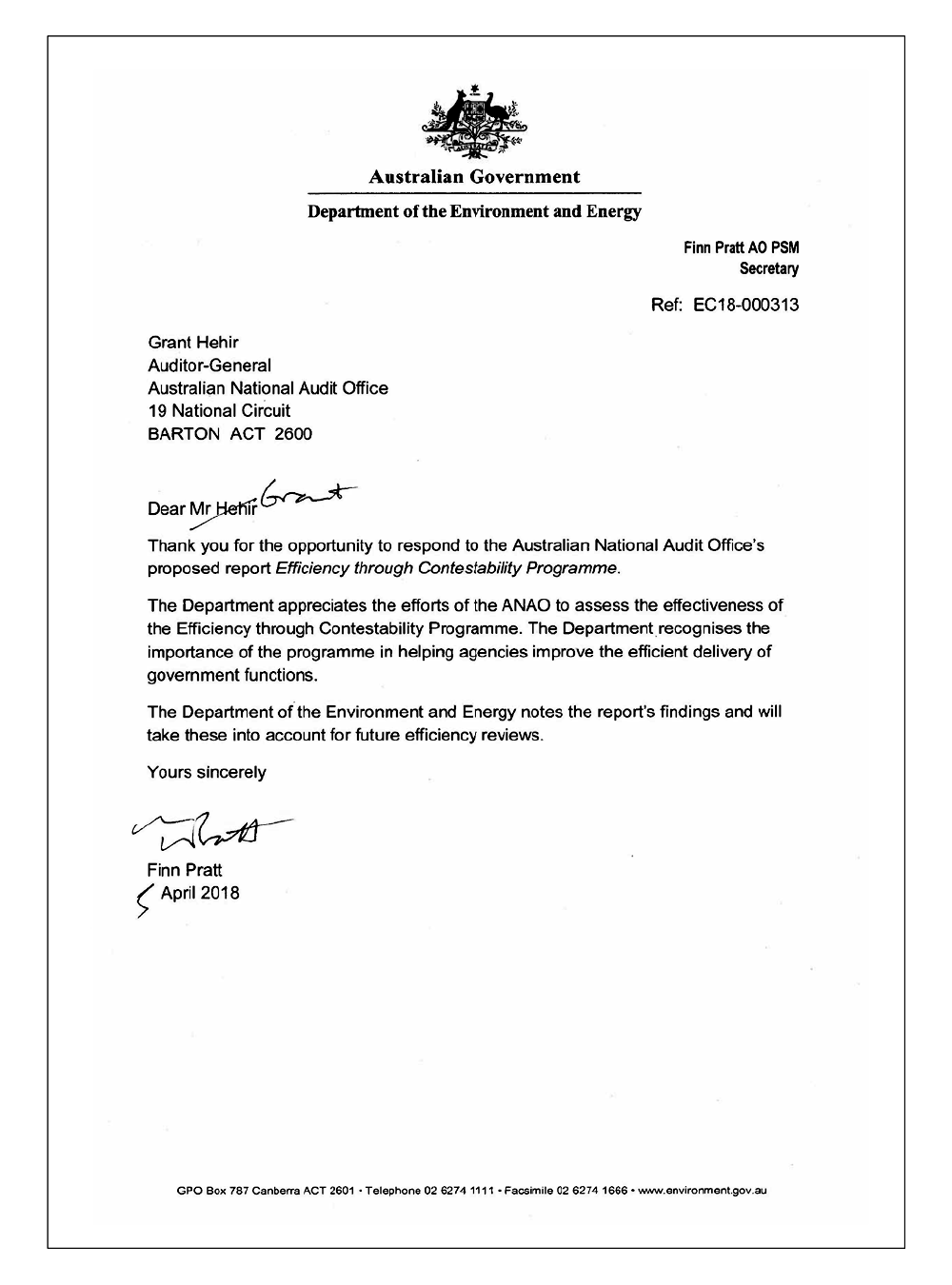 Department of Environment and Energy response Department of Environment and Energy response