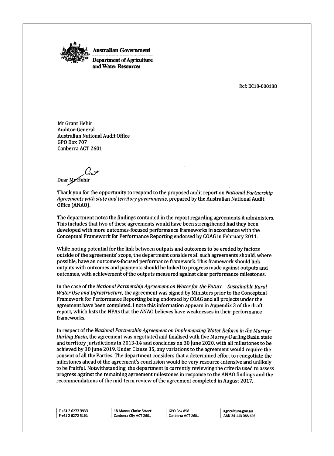 Department of Agriculture response page 1