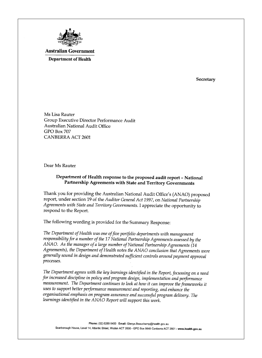 Department of Health response page 1