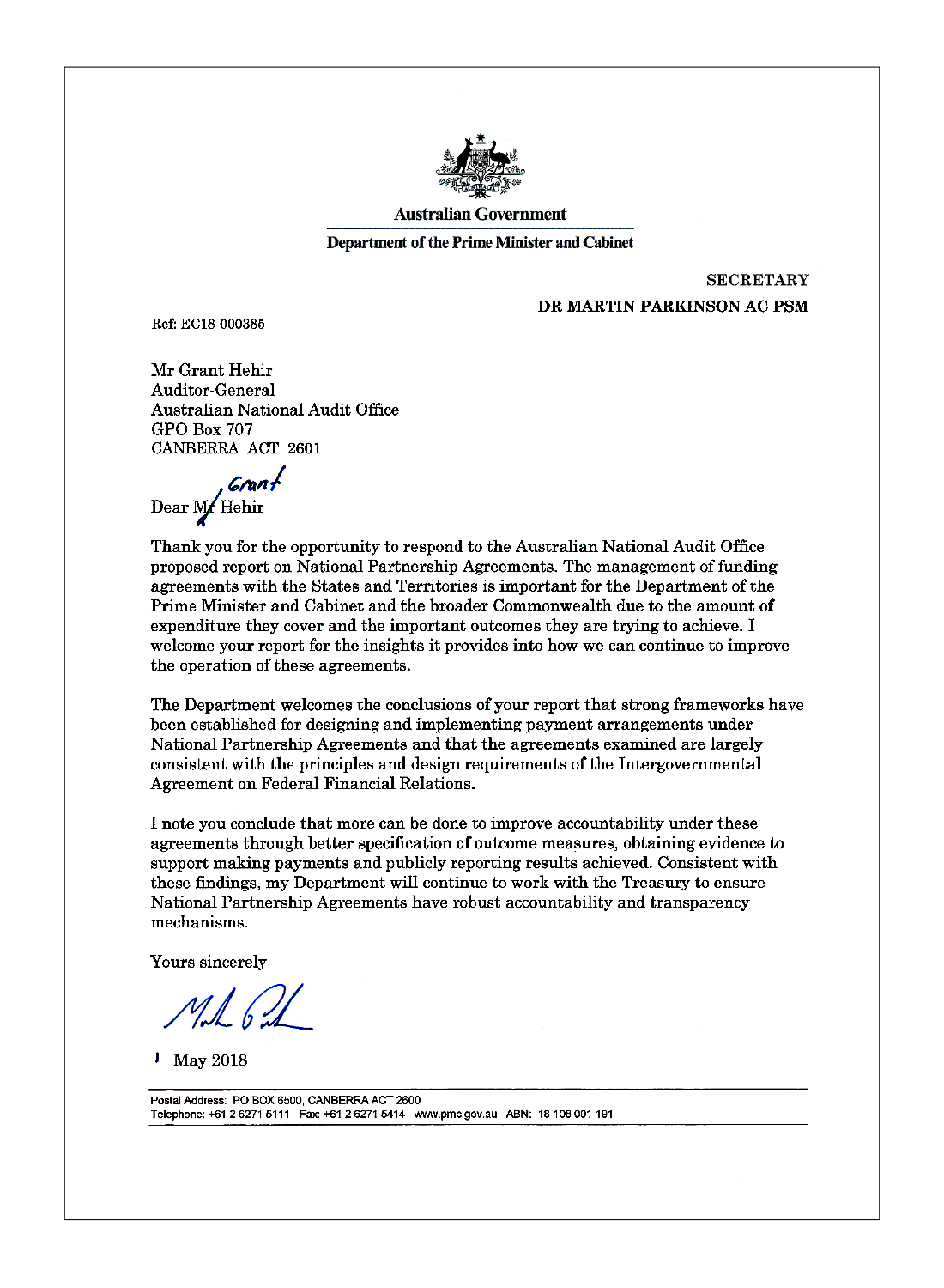 PM&C response page 1