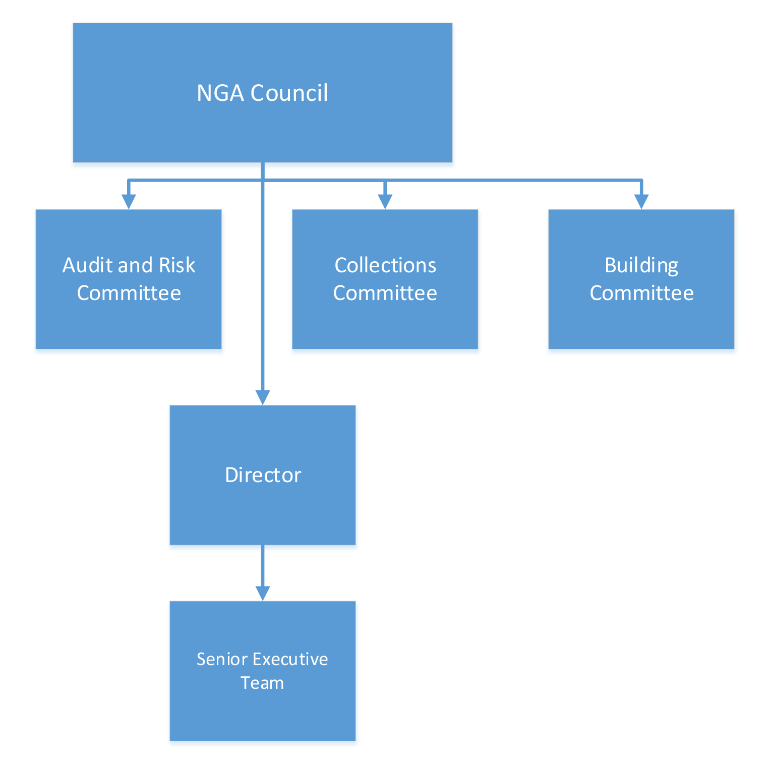 A chart showing the NGA’s governance structure. The NGA Council is at the top, with three committees below (Audit and Risk Committee, Collections Committee and Building Committee). Below the Committees is the Director and below the Director is the Senior A chart showing the NGA’s governance structure. The NGA Council is at the top, with three committees below (Audit and Risk Committee, Collections Committee and Building Committee). Below the Committees is the Director and below the Director is the Senior