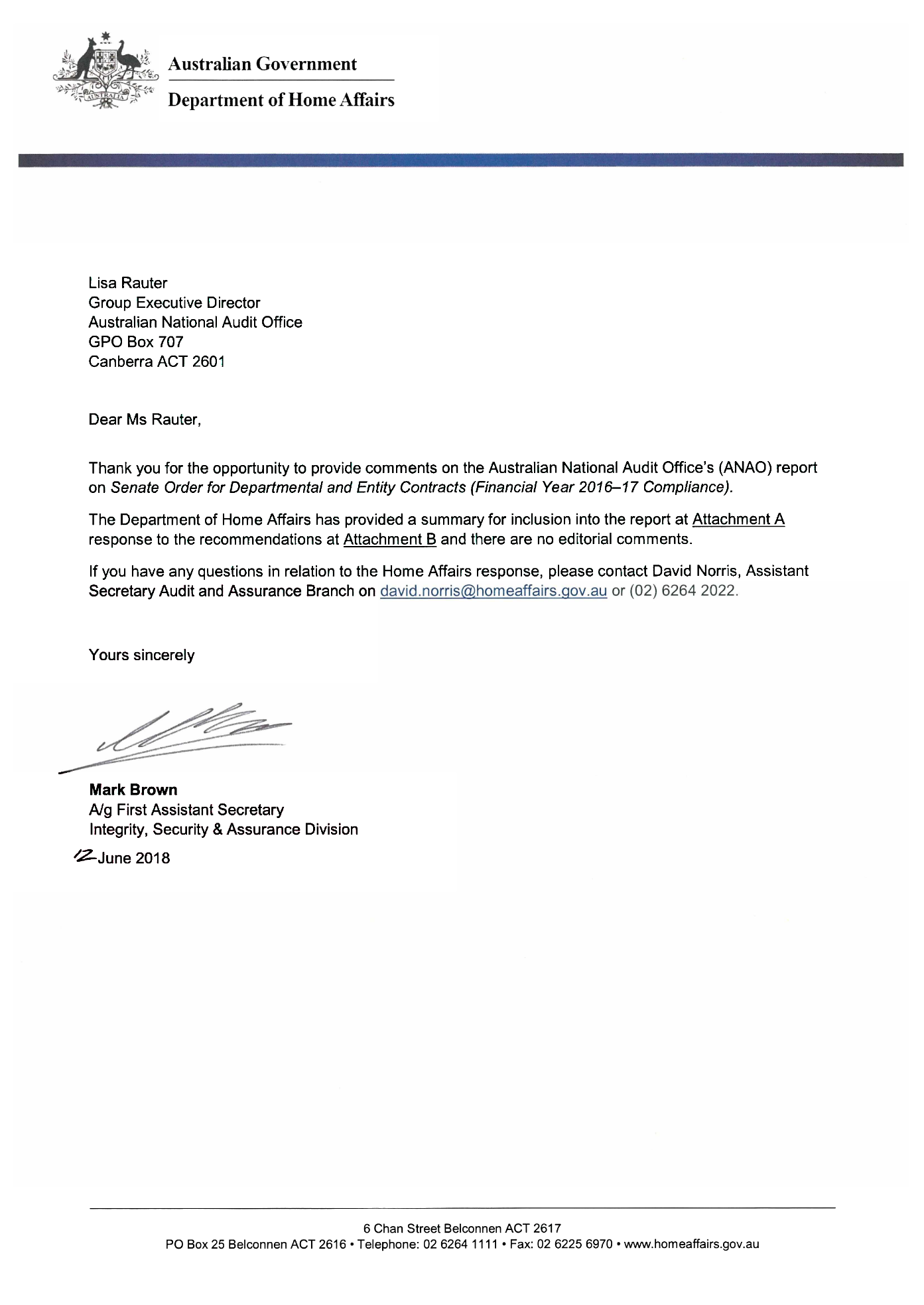 Home Affairs response letter