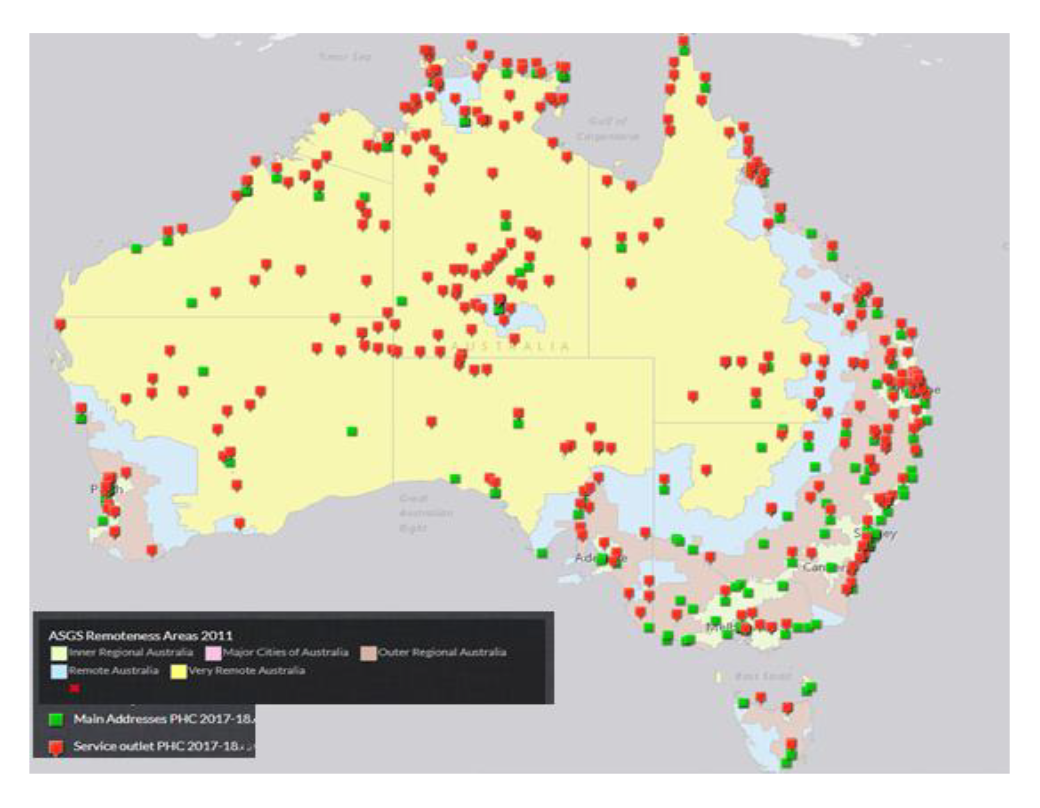 A graphic depicting the map of Australia with markings showing the geographical distribution of the healthcare facilities receiving IAHP primary healthcare funding. A graphic depicting the map of Australia with markings showing the geographical distribution of the healthcare facilities receiving IAHP primary healthcare funding.