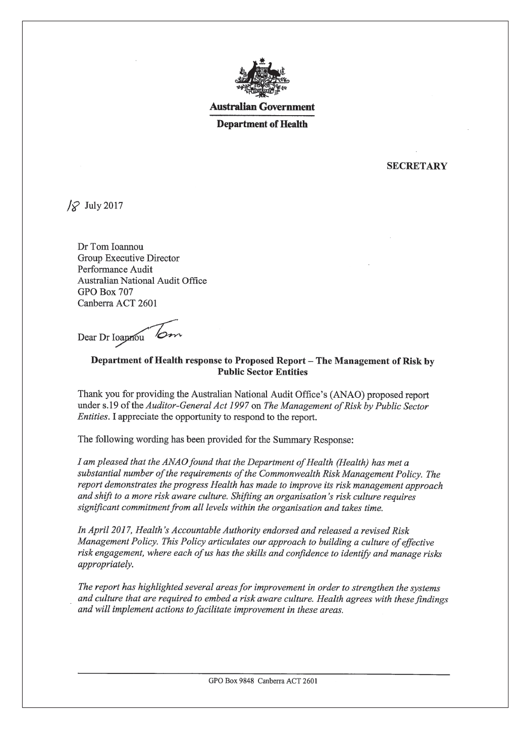Health response letter