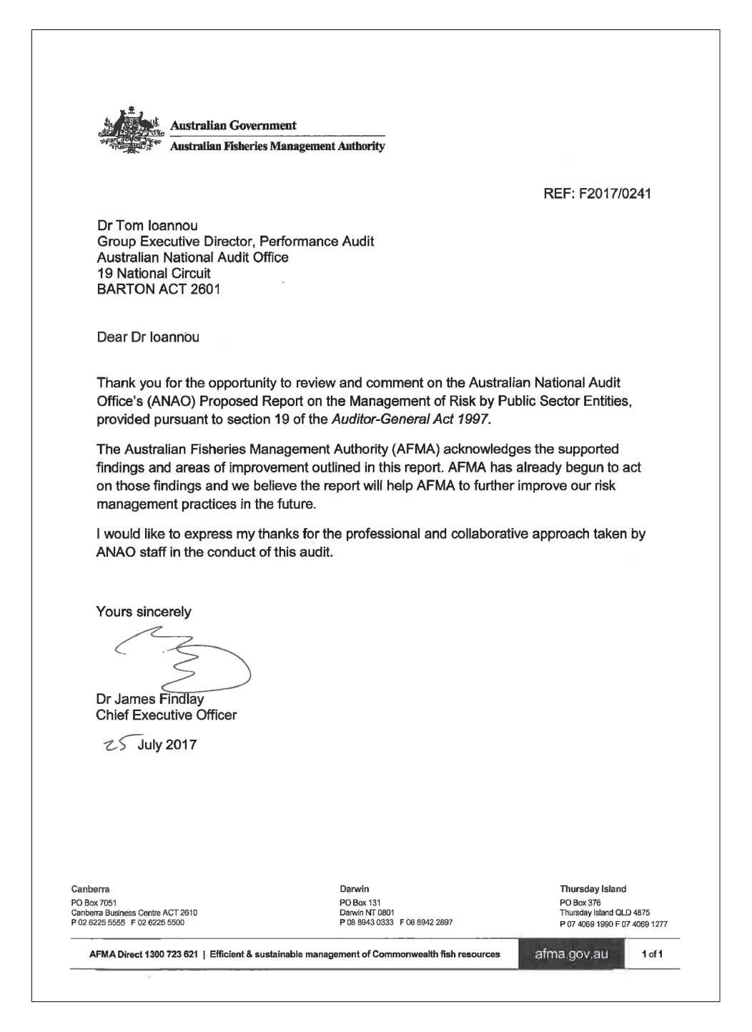 AFMA response letter