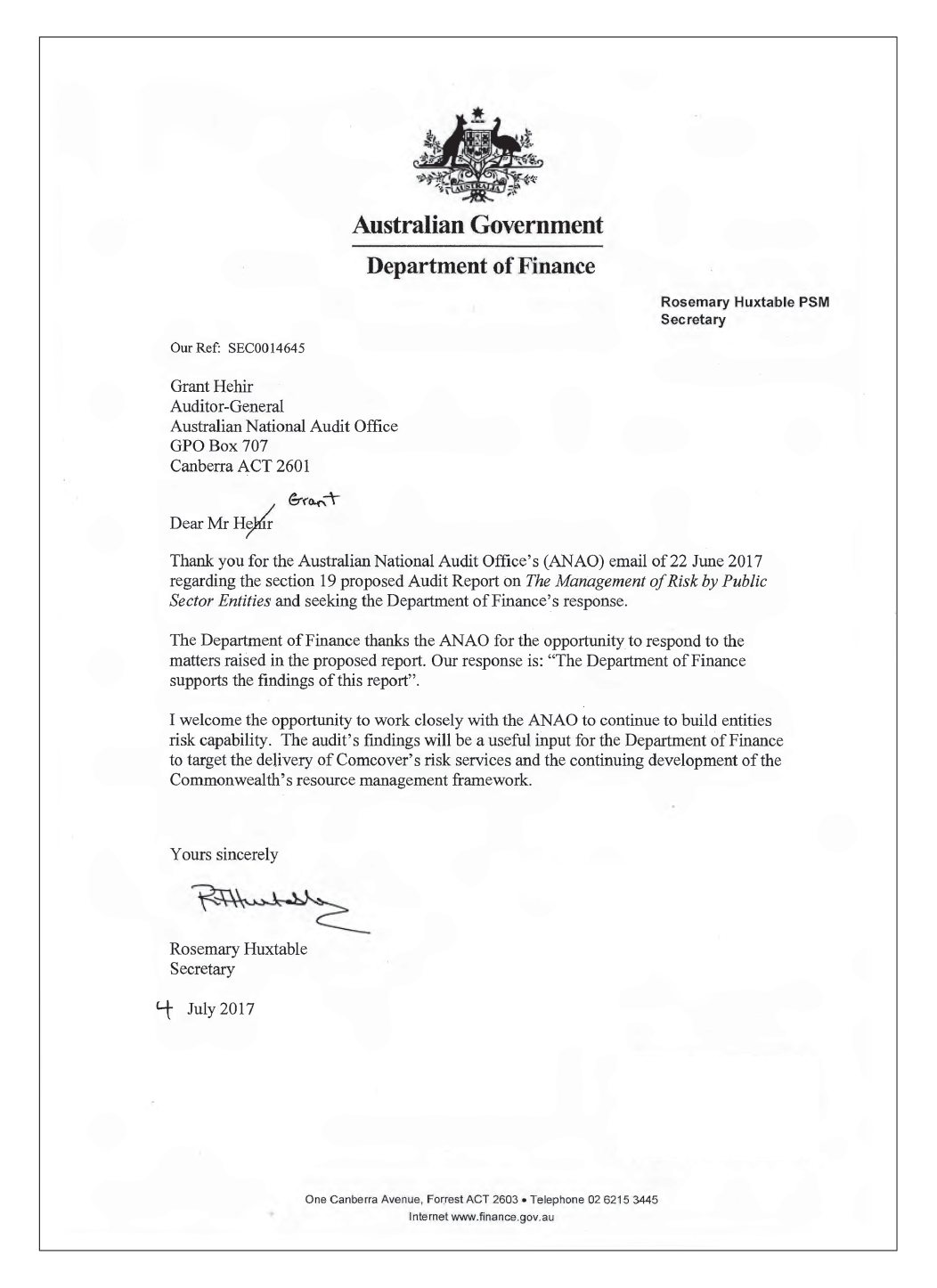 Finance response letter