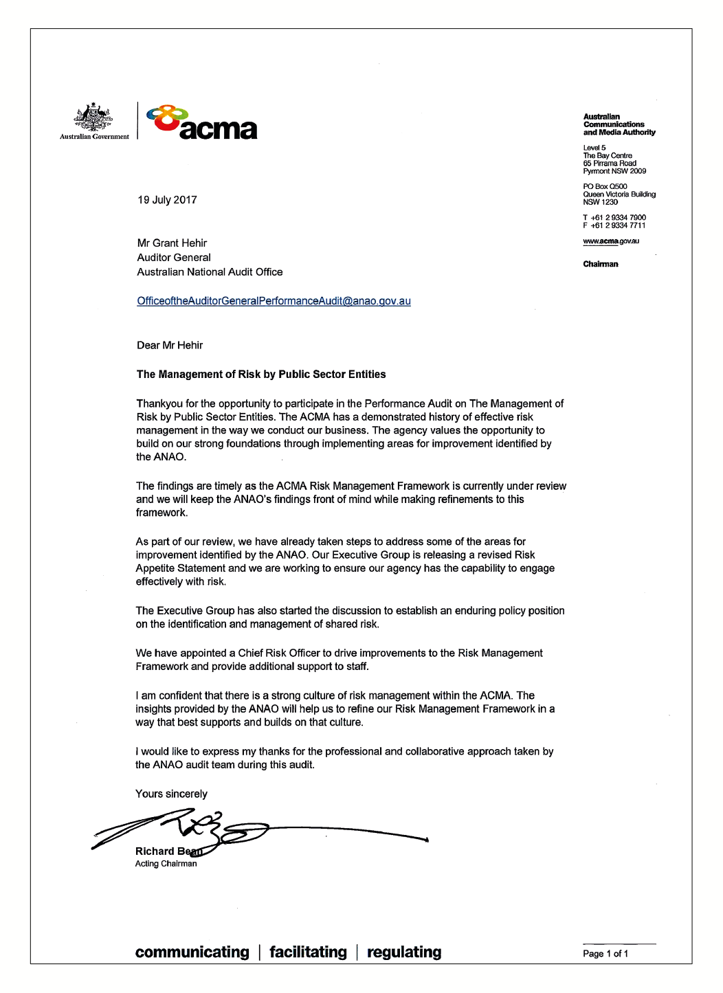 ACMA response letter