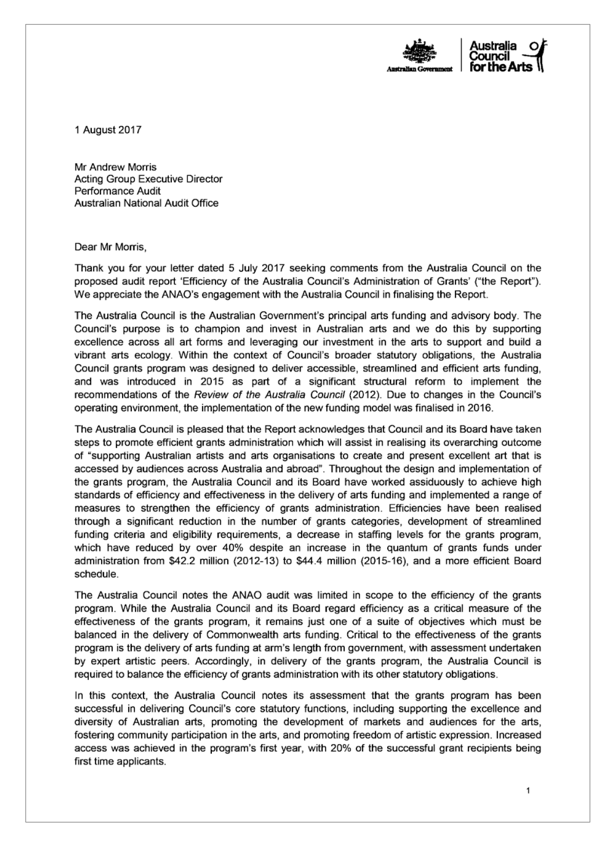 Australia Council for the Arts response letter Australia Council for the Arts response letter