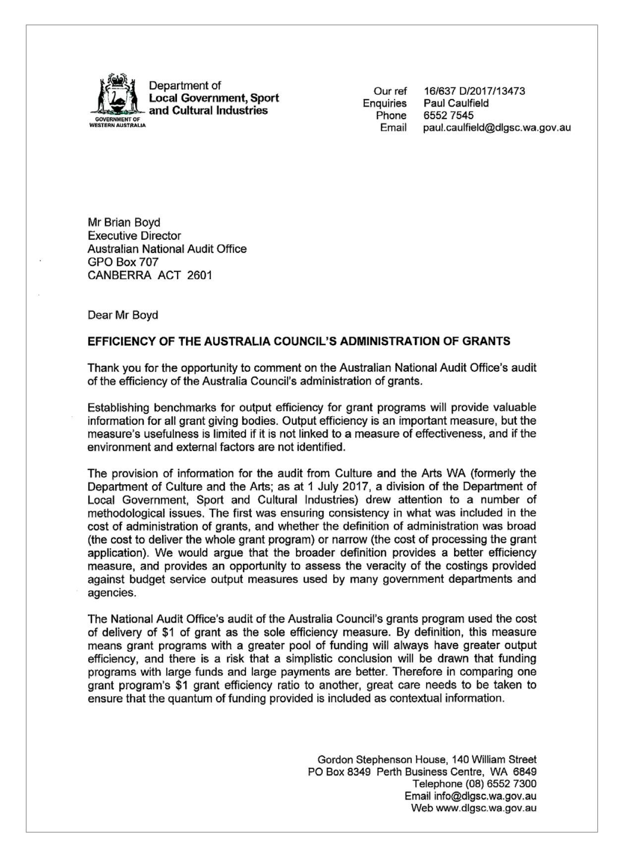 Response letter, Department of Local Government, Sport and Cultural Industries Response letter, Department of Local Government, Sport and Cultural Industries