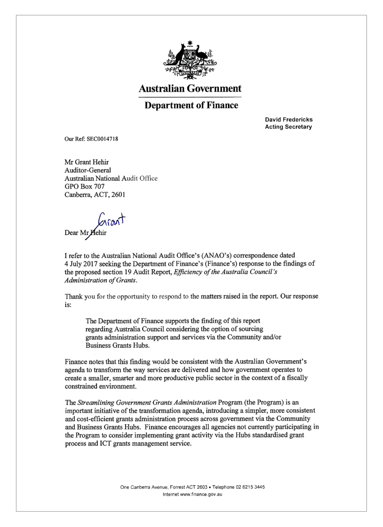 Response letter, Department of Finance Response letter, Department of Finance
