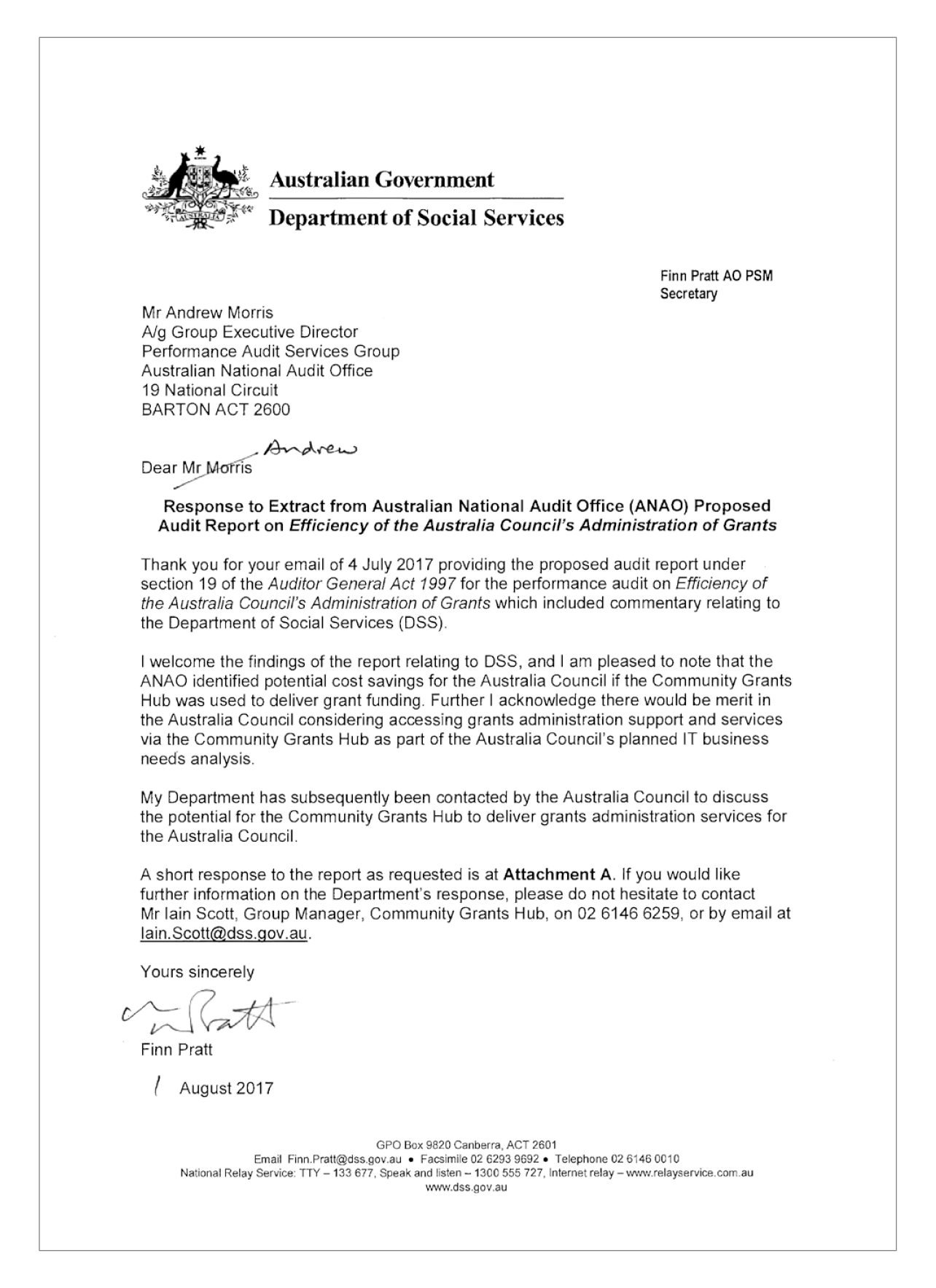 Response letter, Department of Social Services Response letter, Department of Social Services