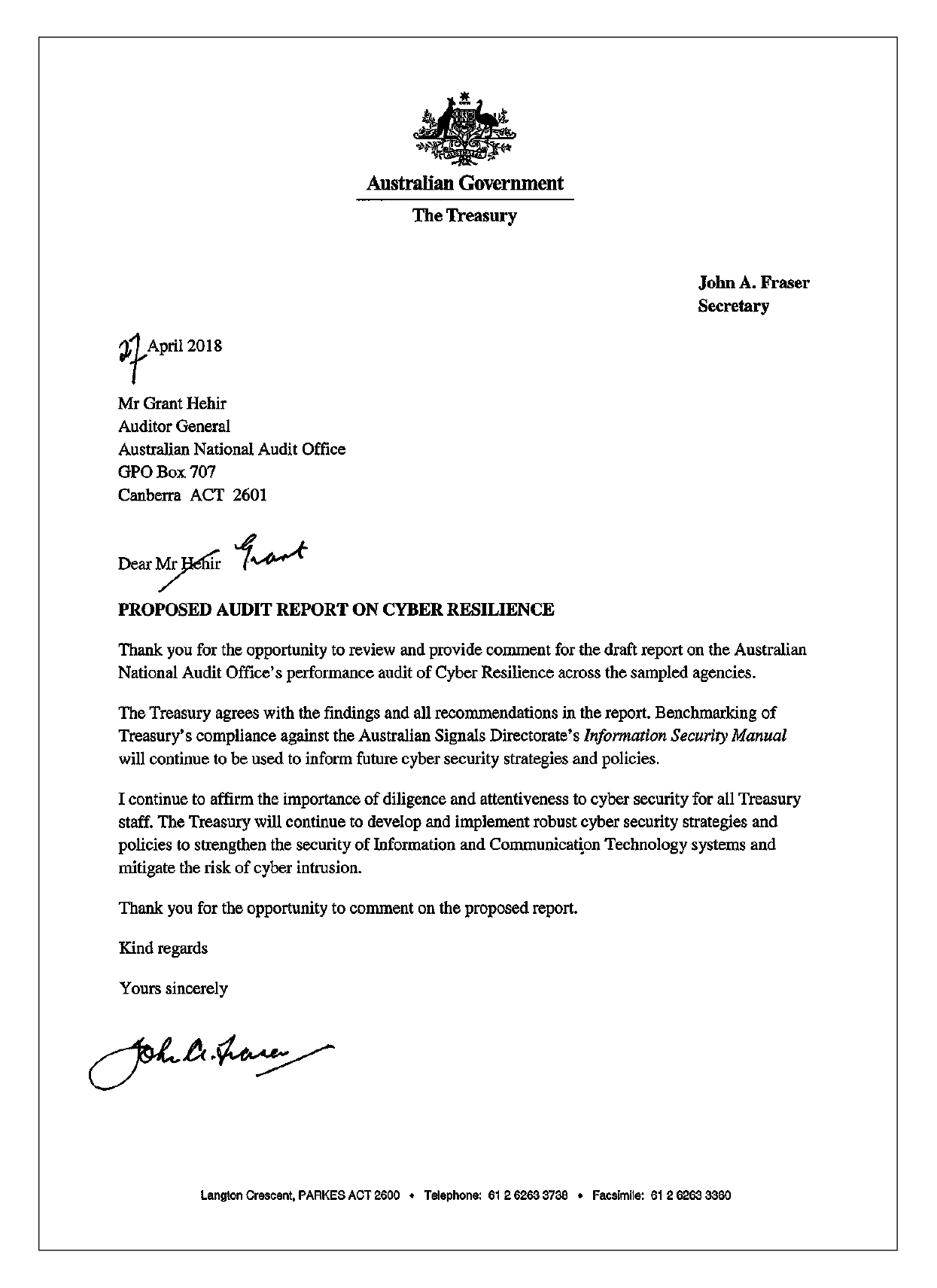 Treasury response letter Treasury response letter