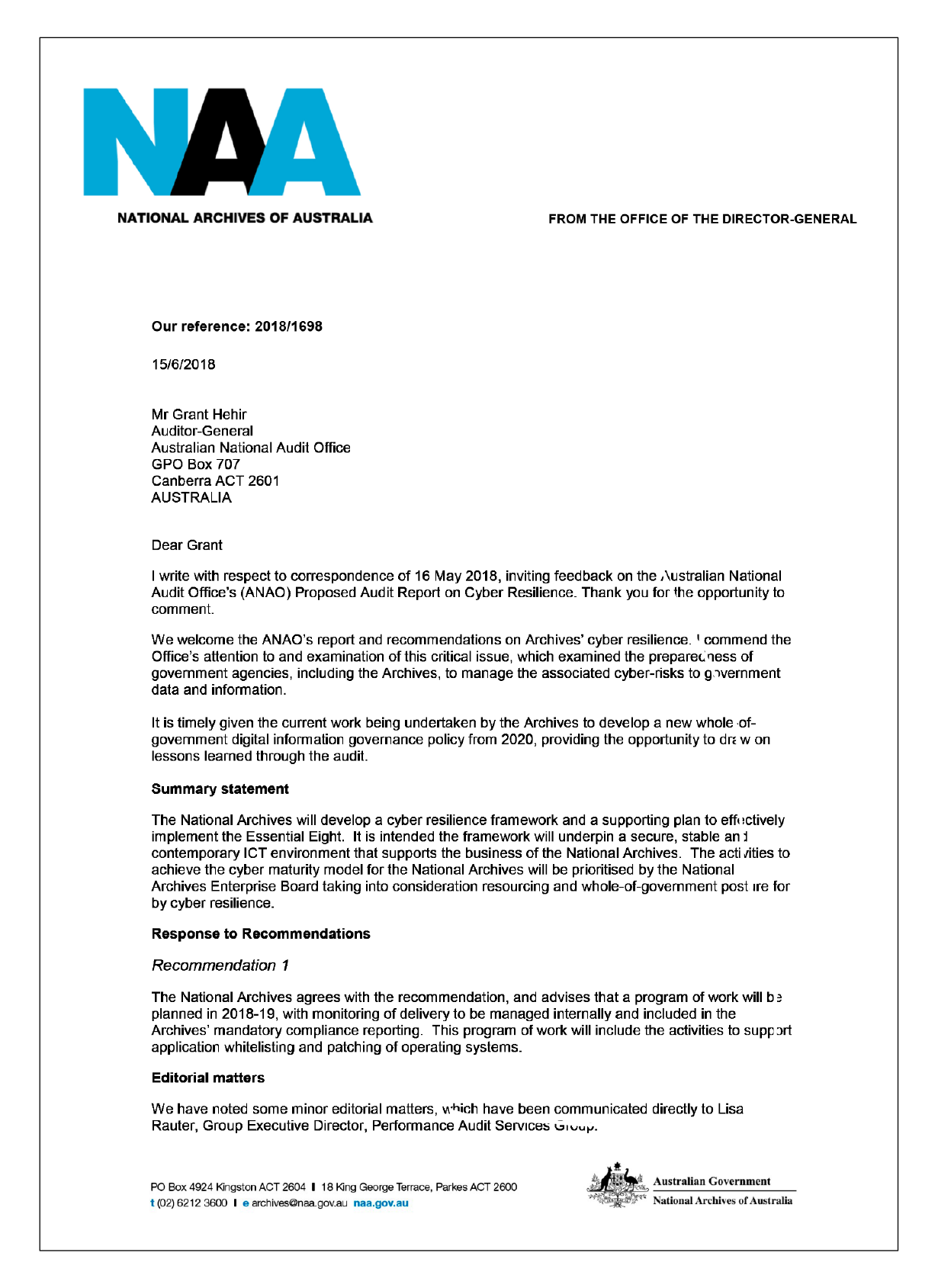 National Archives response letter National Archives response letter