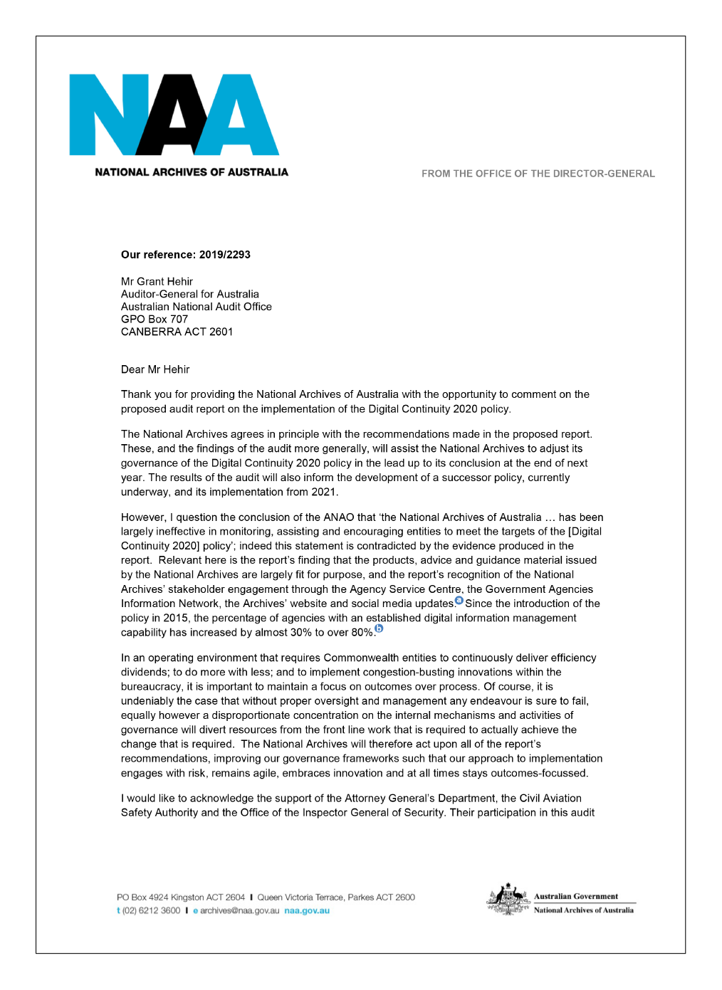 Page one of the National Archives of Australia's response Page one of the National Archives of Australia's response