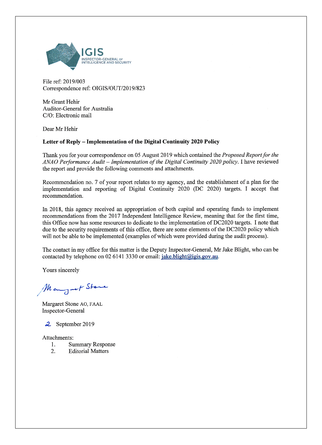 Response of the the Inspector-General of Intelligence and Security Response of the the Inspector-General of Intelligence and Security