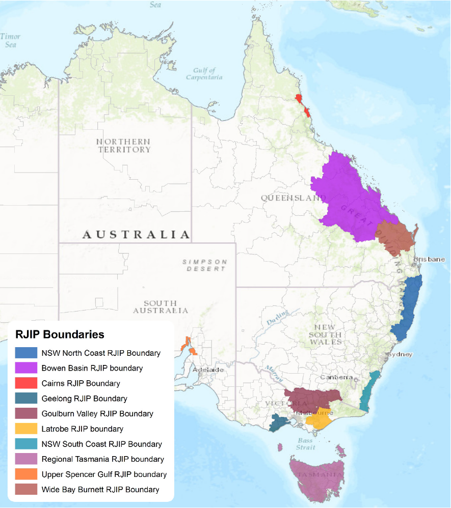 • A map of Australia highlighting the 10 RJIP regions. • A map of Australia highlighting the 10 RJIP regions.