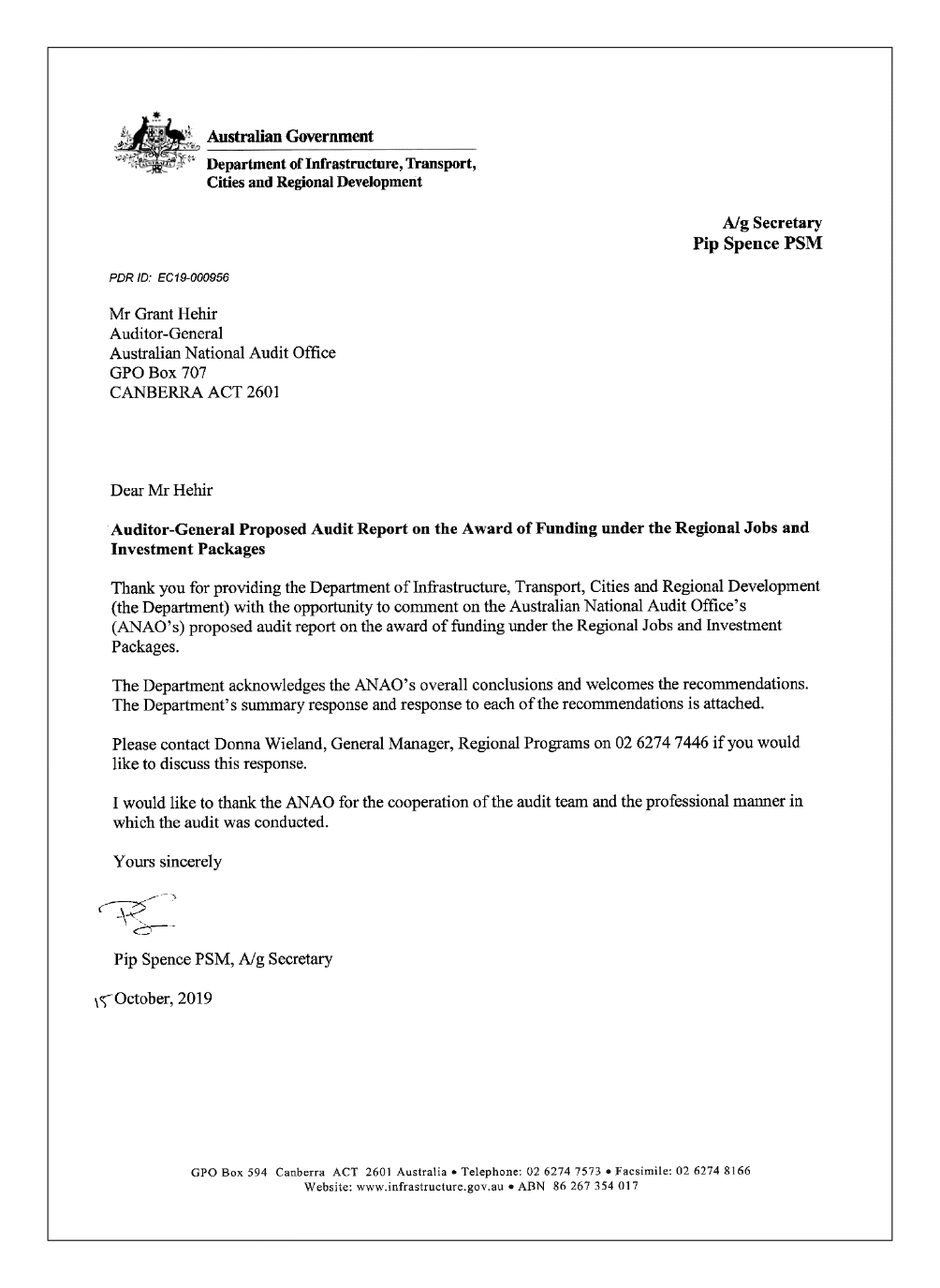 Response from the Department of Infrastructure, Transport, Cities and Regional Development Response from the Department of Infrastructure, Transport, Cities and Regional Development