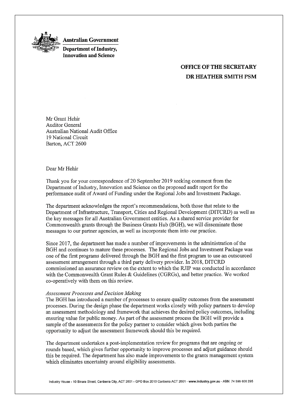 Page 1 of the response from the Department of Industry, Innovation and Science Page 1 of the response from the Department of Industry, Innovation and Science