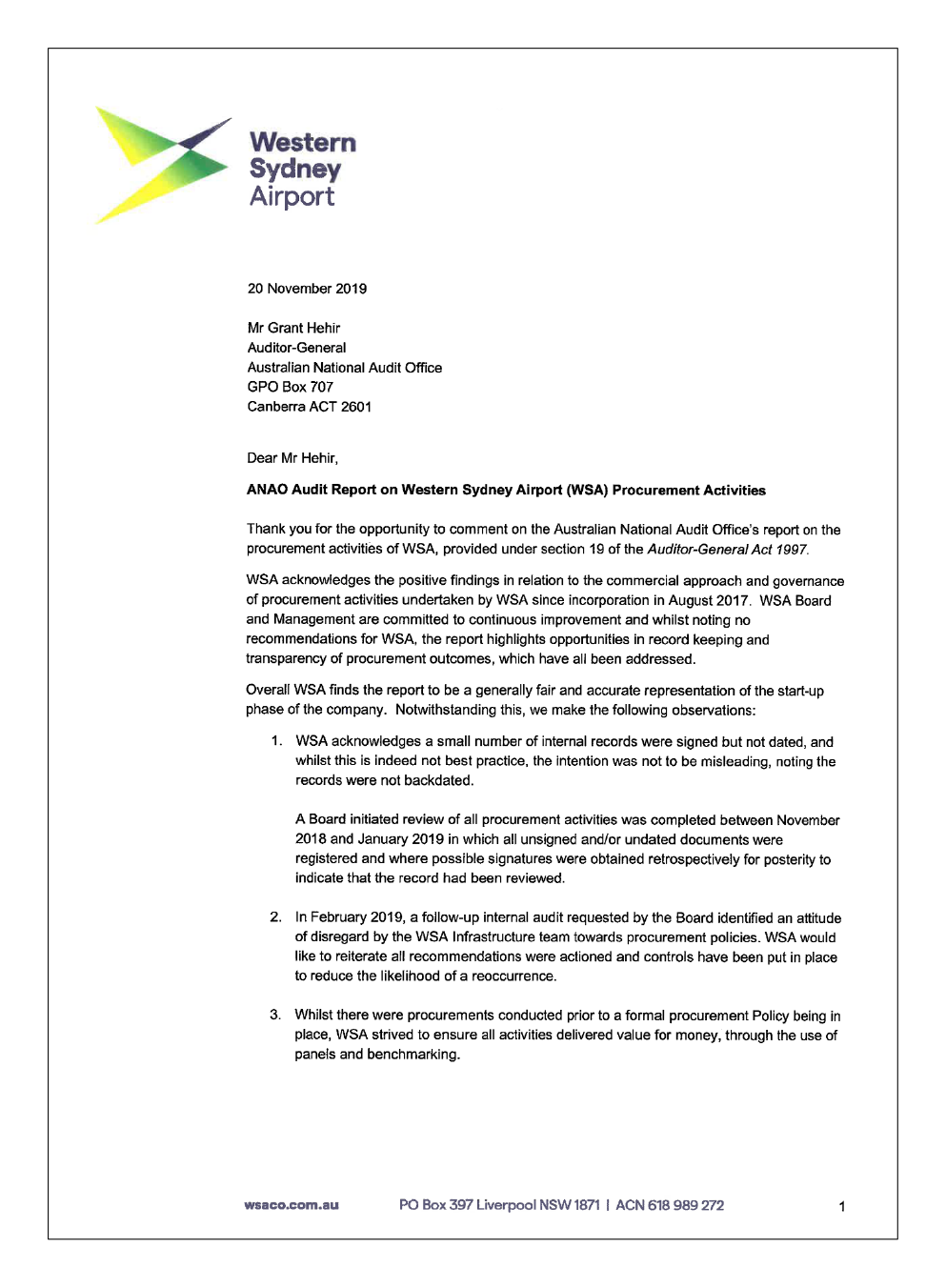 Page 1 of WSA Co.'s response Page 1 of WSA Co.'s response