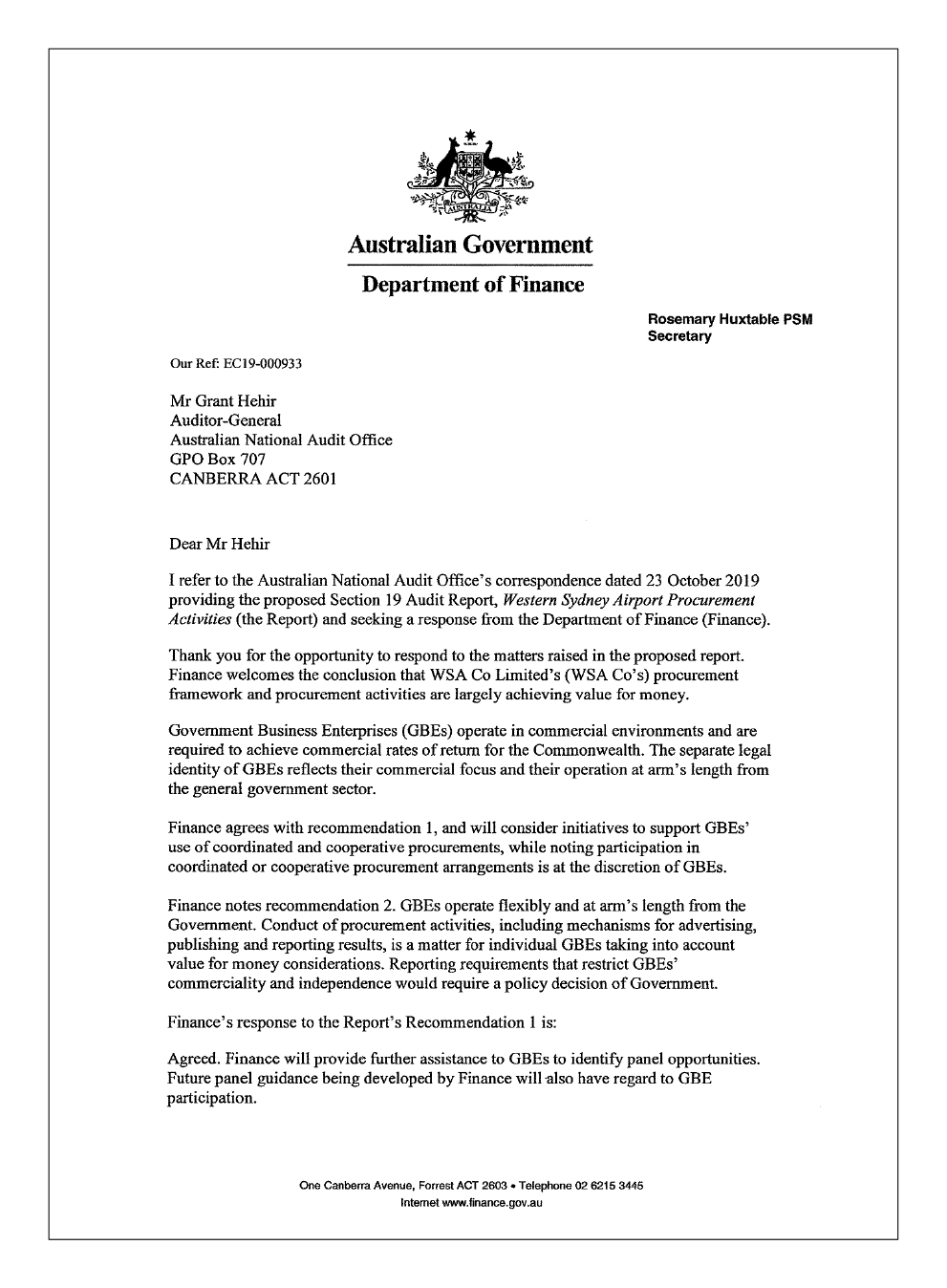 Page 1 of the Department of Finance's response Page 1 of the Department of Finance's response