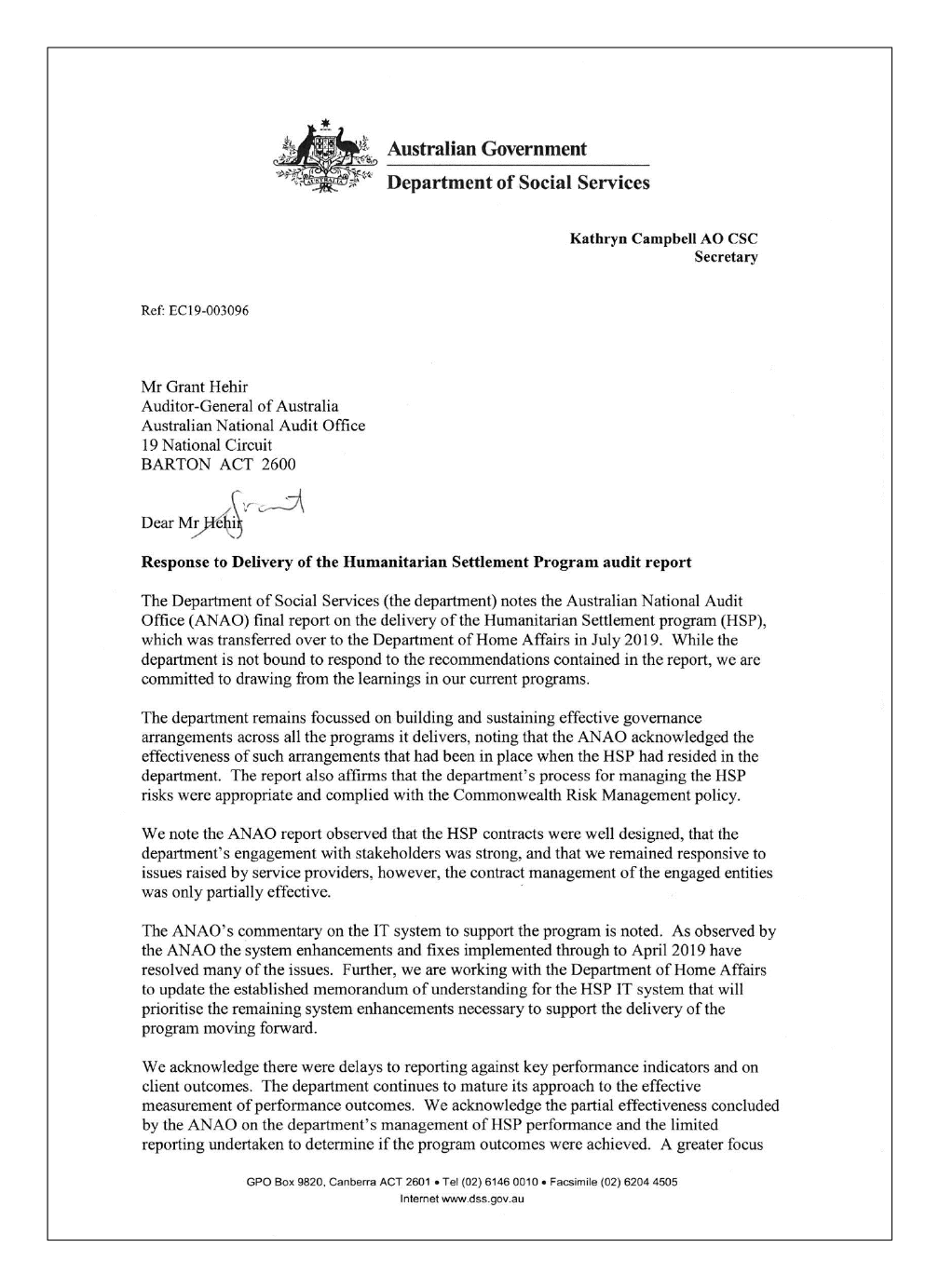 Page 1 of the Department of Social Services' response
