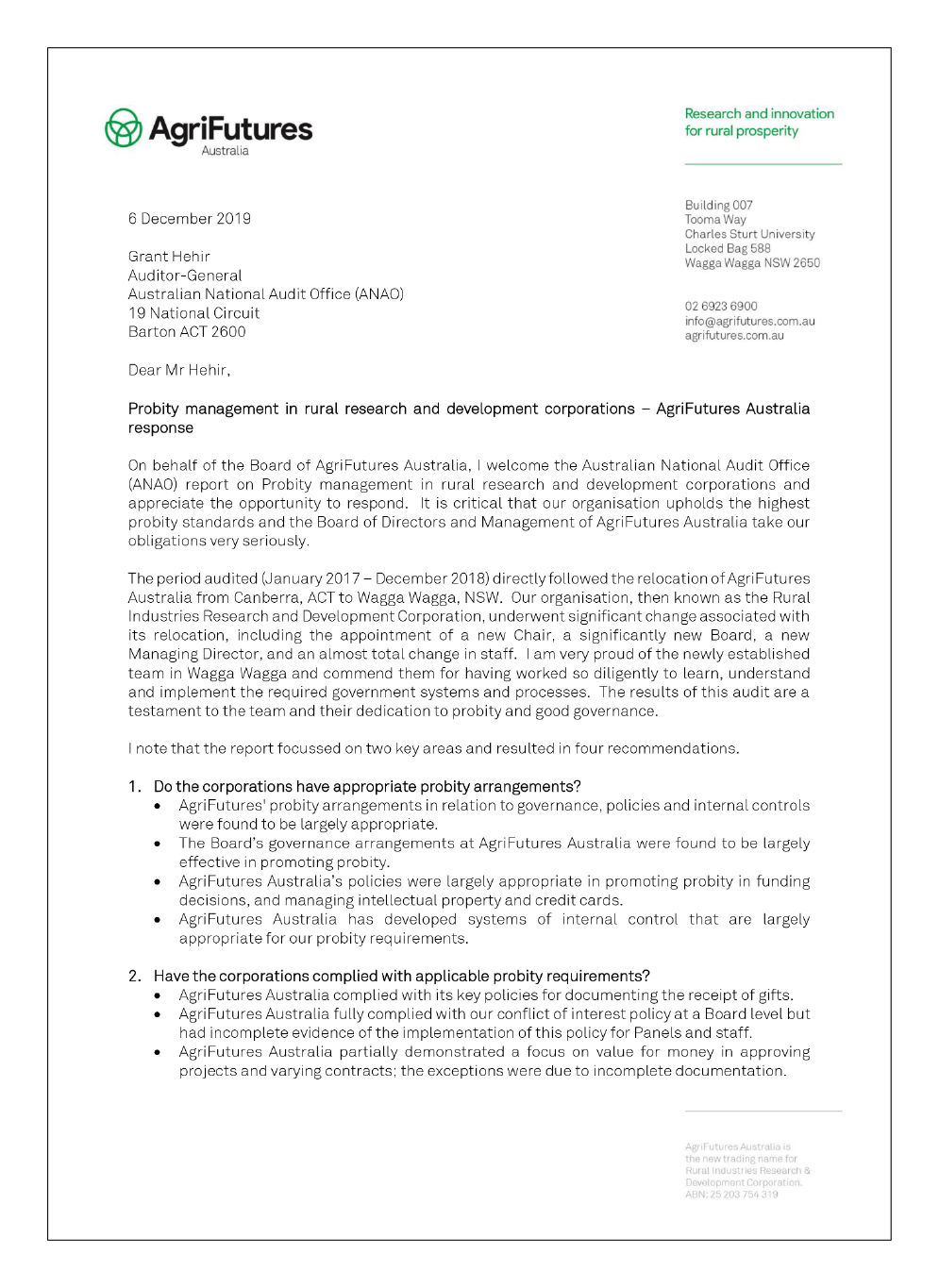 AgriFutures letter of response page 1 of 3