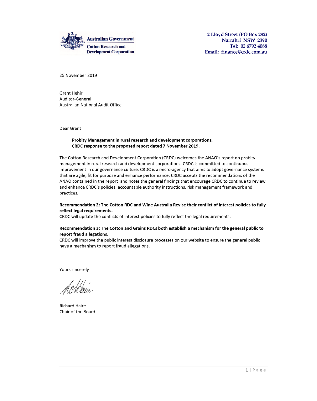 Cotton Research and Development Corporation letter of response page 1 of 1