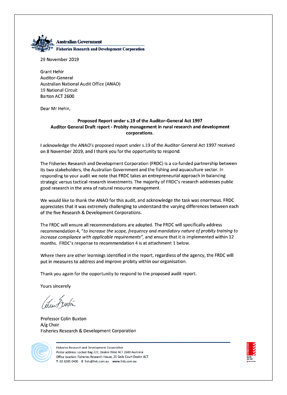 Fisheries Research and Development Corporation letter of response page 1 of 1