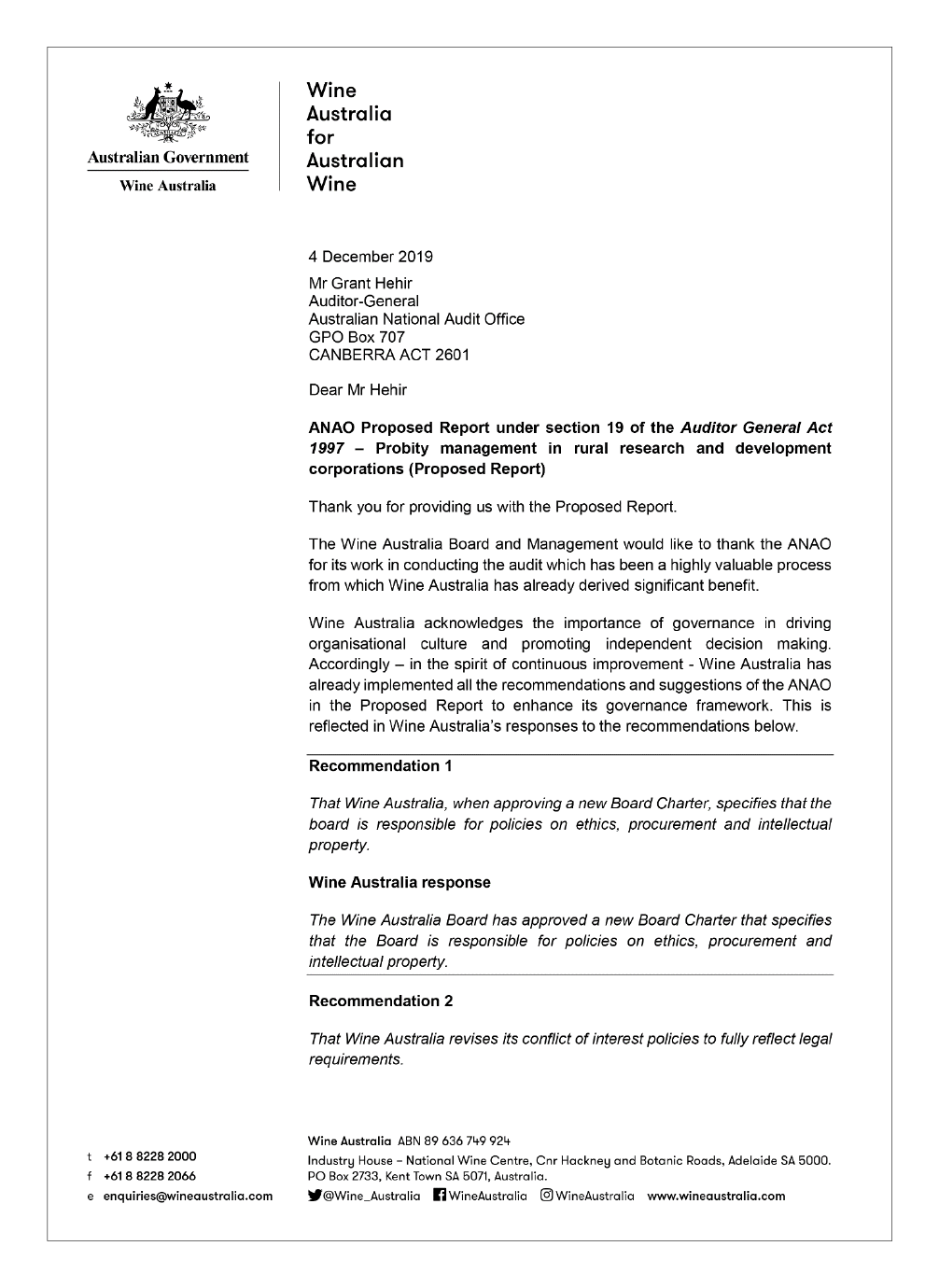 Wine Australia letter of response page 1 of 3