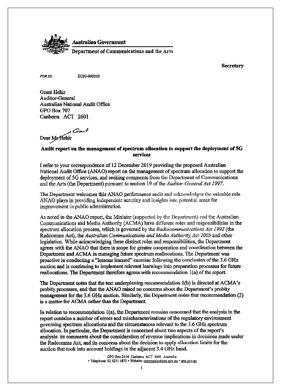 Page 1 of the response from the Department of Communications and the Arts Page 1 of the response from the Department of Communications and the Arts