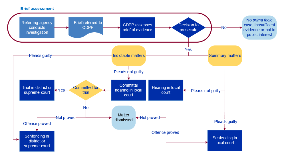 A workflow that shows the prosecution process for a brief assessment referral, starting with the investigative agency conducting an investigation, through to sentencing in a district or supreme court (if a decision to prosecute was made and the offence was proved). The pre-brief and brief assessment steps have been circled in red, indicating they were the primary focus of the audit. A workflow that shows the prosecution process for a brief assessment referral, starting with the investigative agency conducting an investigation, through to sentencing in a district or supreme court (if a decision to prosecute was made and the offence was proved). The pre-brief and brief assessment steps have been circled in red, indicating they were the primary focus of the audit.