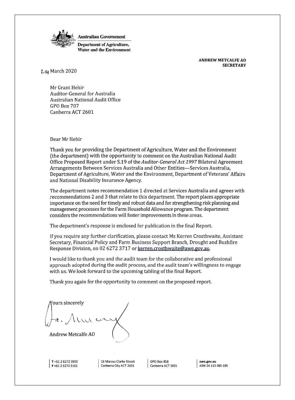 Response from the Department of Agriculture, Water and the Environment Response from the Department of Agriculture, Water and the Environment