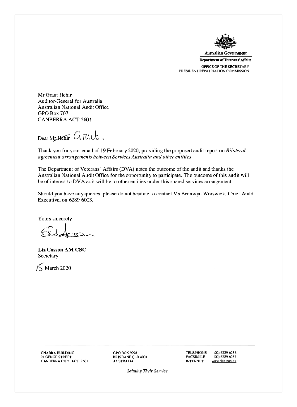 Response from the Department of Veterans' Affairs Response from the Department of Veterans' Affairs