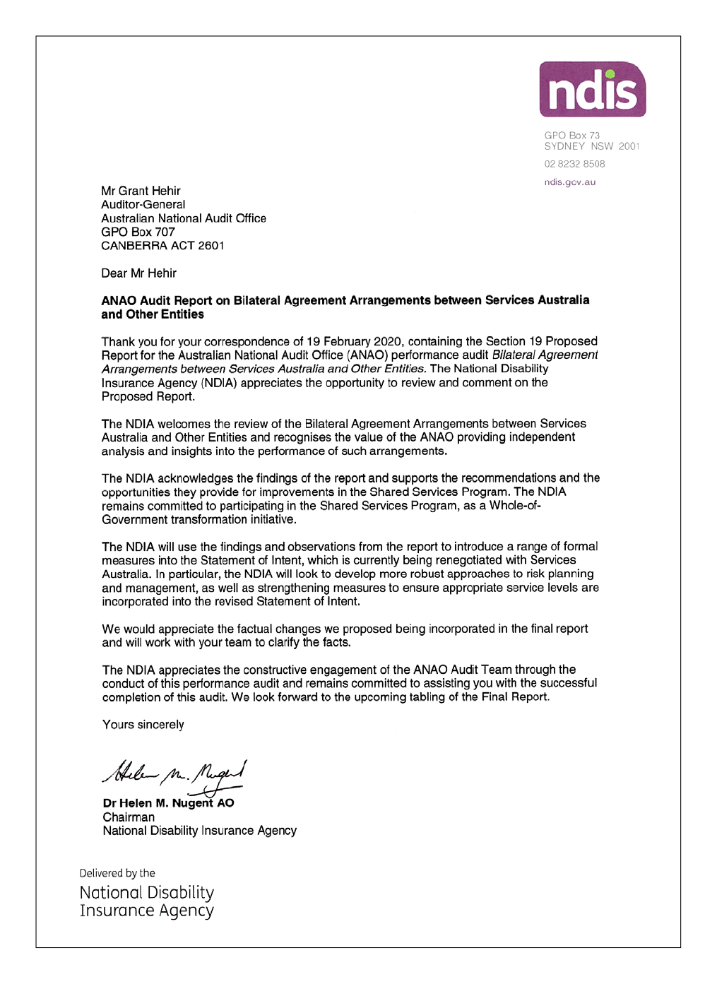 Response from the National Disability Insurance Agency Response from the National Disability Insurance Agency