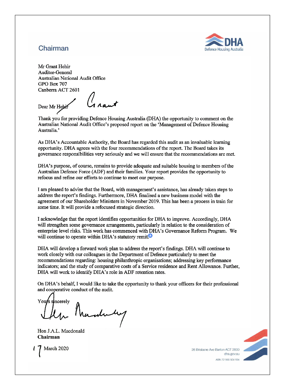 Response from Defence Housing Australia
