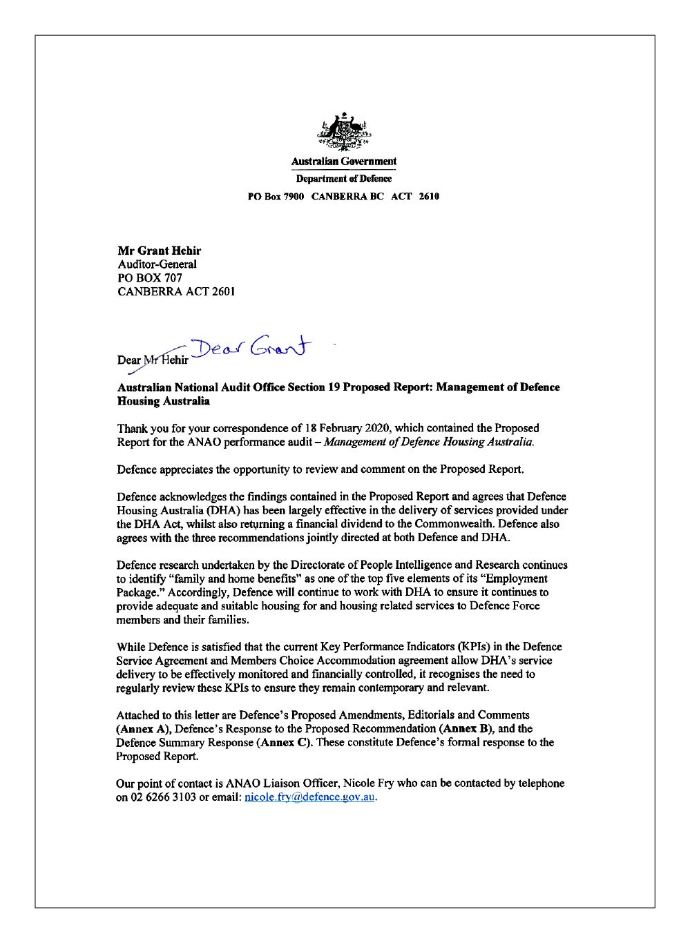 First page of response from the Department of Defence