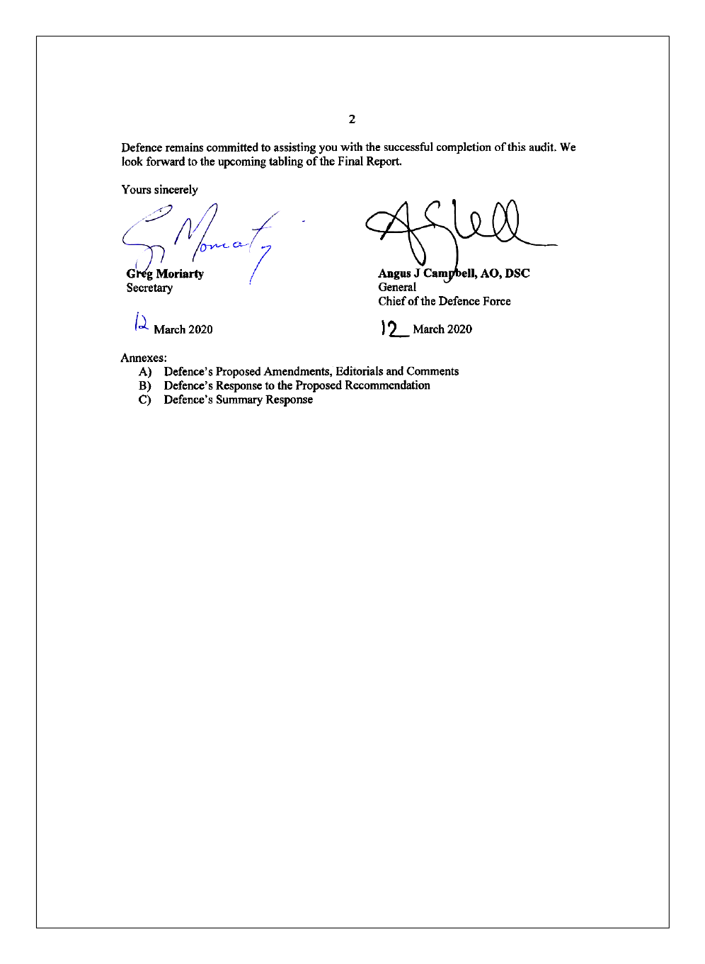 Second page of response from the Department of Defence