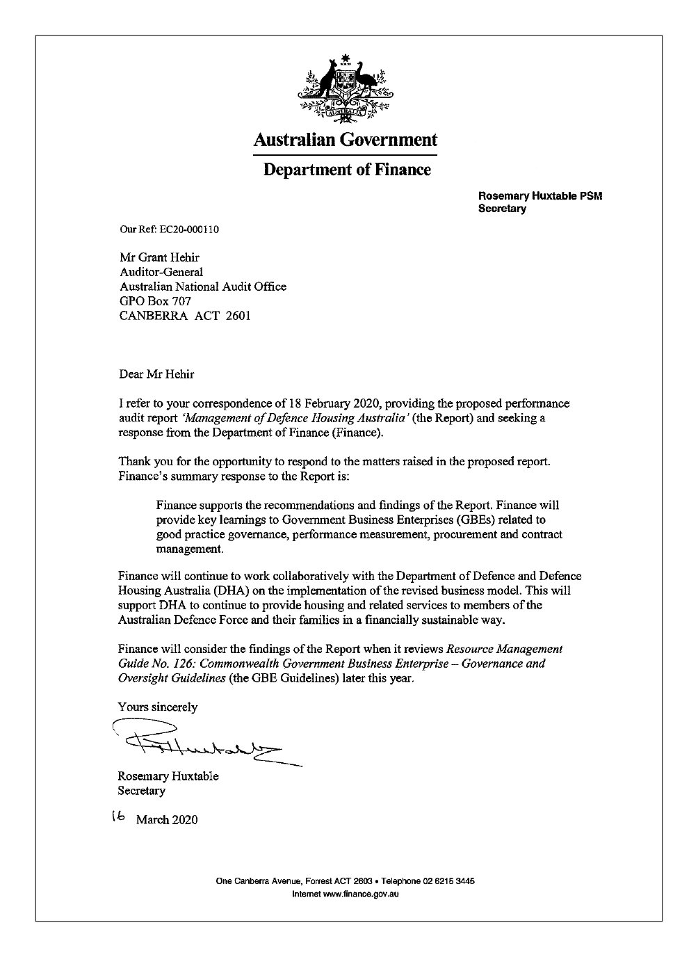 Response from the Department of Finance