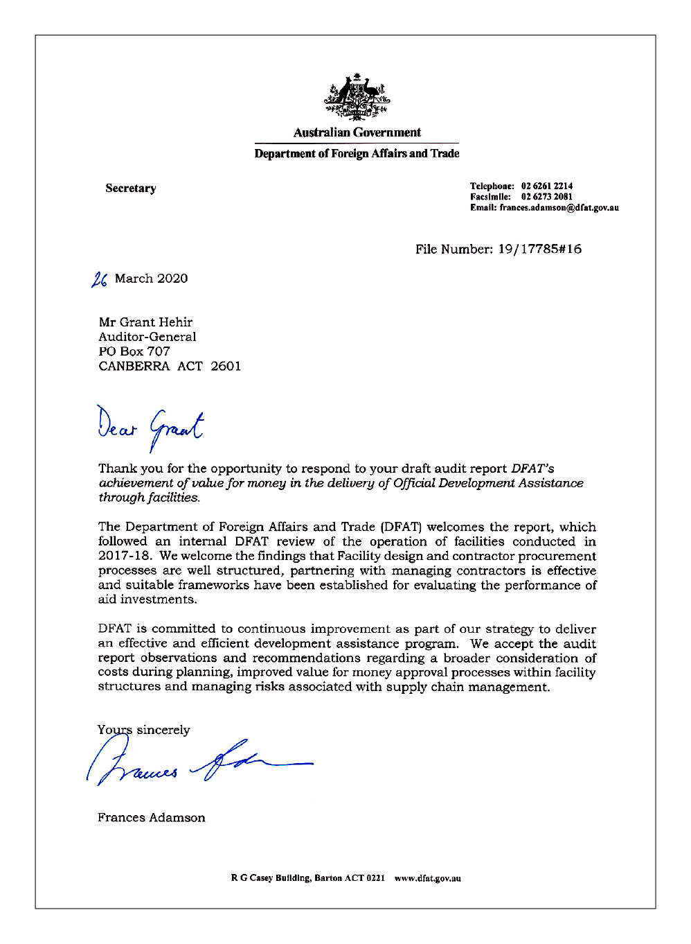 Response from the Secretary of the Department of Foreign Affairs and Trade Response from the Secretary of the Department of Foreign Affairs and Trade
