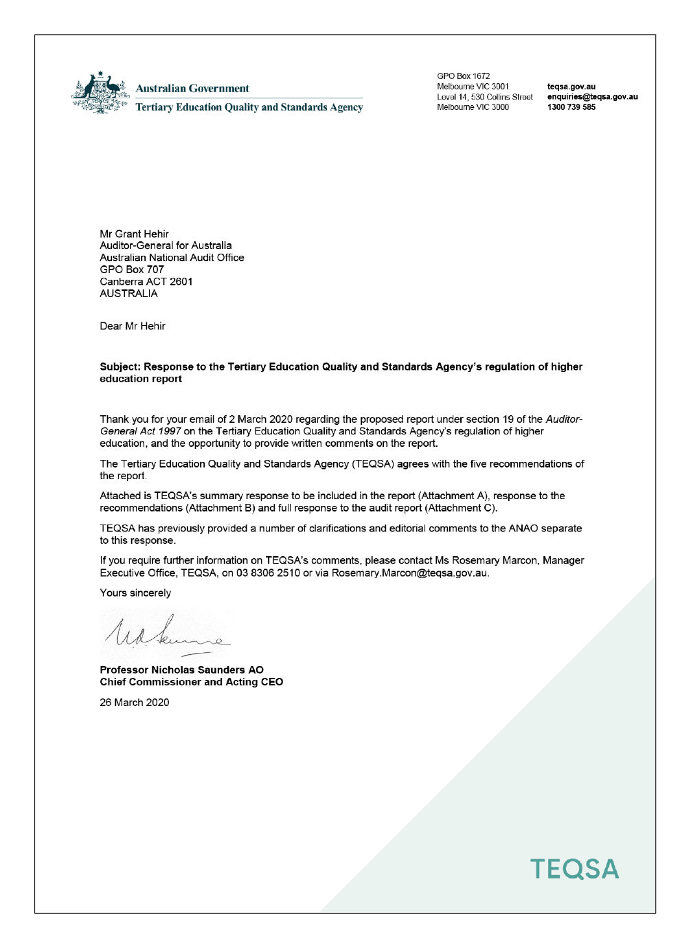 Page one of the response from the Chief Commissioner and Acting CEO of the Tertiary Education Quality and Standards Agency. Page one of the response from the Chief Commissioner and Acting CEO of the Tertiary Education Quality and Standards Agency.