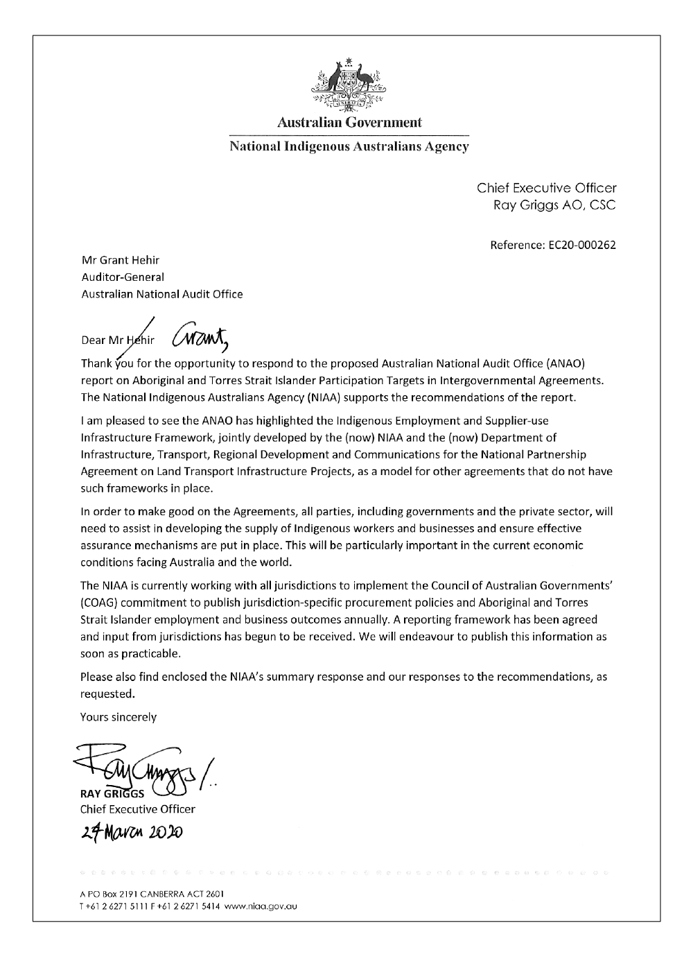 Entity response by the Chief Executive Officer of the National Indigenous Australians Agency Entity response by the Chief Executive Officer of the National Indigenous Australians Agency